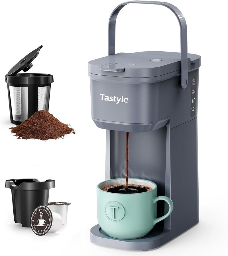 Tastyle Single Serve One Cup Coffee Maker, for K Cups and Grounds, Mini Coffee Maker with Portable Handle, 6 to 12 Oz Brew Size, for Travel, Camping, Office, RV and Dorm, 120V, Cool Gray - Image 1